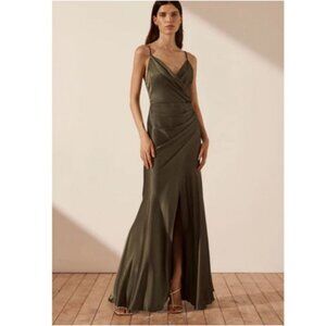 NWT Shona Joy La Lune Cross Draped Satin Maxi Dress in Forest